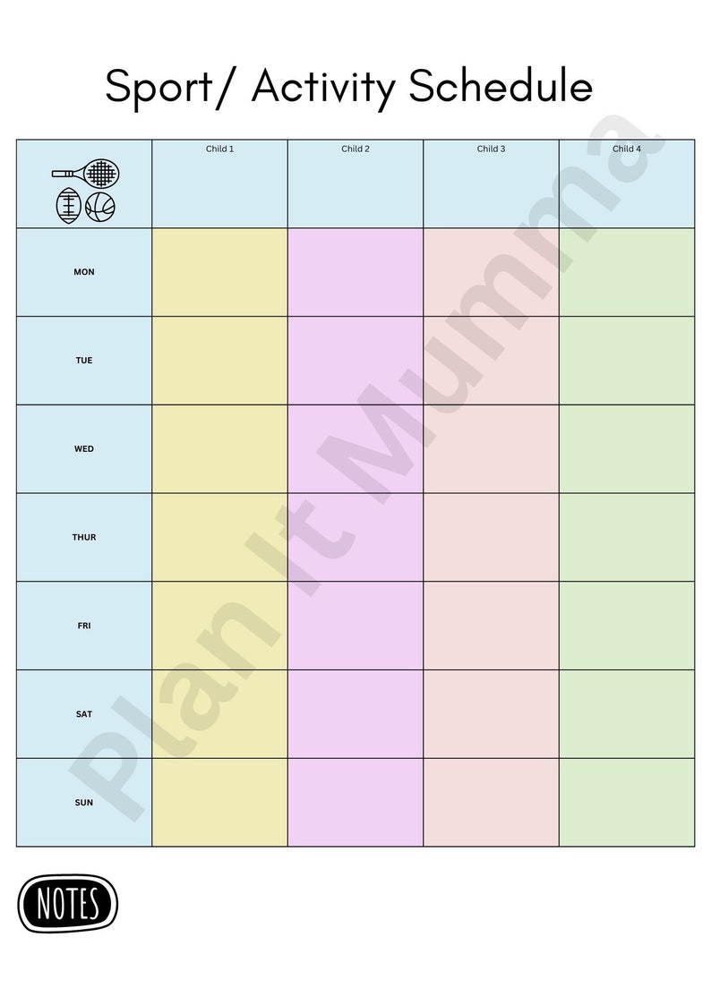 Printable Children's Sporting Schedule Kids Sport Activities Roster ...