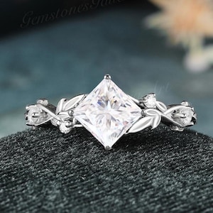 Princess Cut Moissanite Engagement Ring Unique leaf diamond set white gold ring Flower Vine Dainty twist Infinity Ring Nature Inspired Gift