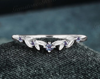 Vintage Alexandrit gebogener Ehering Weißgold Stapeln Passender Ring Gold Natur Inspiriert Blatt Ehering Benutzerdefinierter Ring für Frauen