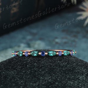 Vintage Marquise Emerald wedding band women art deco sapphire half eternity bridal straight band rose gold stacking matching bridal band