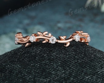 Blatt Ehering Frauen Rebe Blume Ring Moissanite Antique Stacking Ring Natur Inspiriert Floral Ehering Blattgold Einzigartige zart