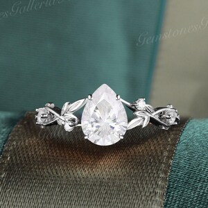 White Gold Pear Moissanite engagement ring Leaf engagement ring Branch Diamond Twisted Twig ring Nature Flower Bridal Anniversary ring women