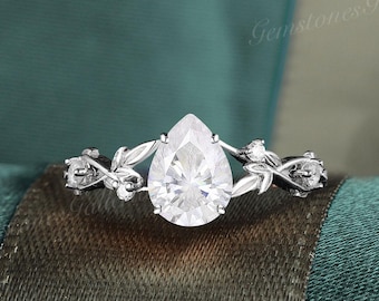 White Gold Pear Moissanite engagement ring Leaf engagement ring Branch Diamond Twisted Twig ring Nature Flower Bridal Anniversary ring women