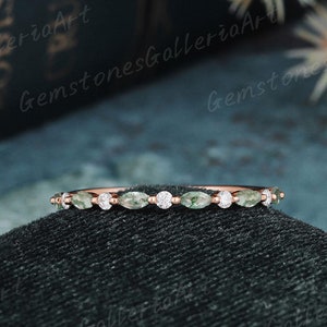 Unique Moss agate wedding band rose gold Vintage Marquise moss agate matching band Half eternity Stacking Band Diamond Anniversary ring