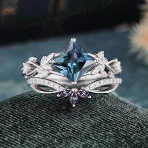 Unique Princess alexandrite engagement ring set art deco vintage leaf diamond ring for women 14k white gold band anniversary bridal set 2pcs