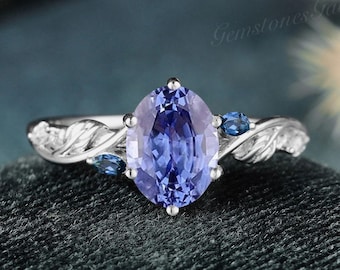 Art Deco Cornflower Blue Sapphire Engagement Ring Leaf Vine White Gold Cluster Oval cut Wedding Ring Sapphire Custom Gemstone Rings Women