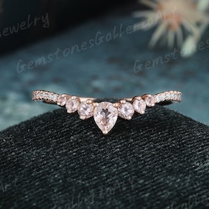 Natural Morganite Wedding Band Woman Curved Rose Gold Wedding Band Dainty Moissanite Morganite Ring Stacking Matching Ring gift for her