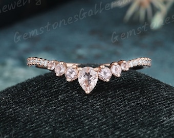 Natürliche Morganit Ehering Frau Gebogen Rose Gold Ehering Zierliche Moissanit Morganit Ring Stapeln Passender Ring Geschenk für sie