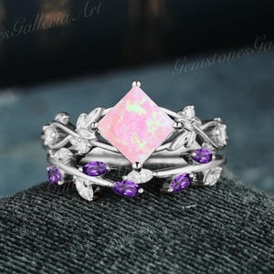 2PCS Princess cut pink Opal engagement ring set Vintage white gold bridal set Marquise cut Amethyst ring Leaf Moissanite Amethyst ring gift
