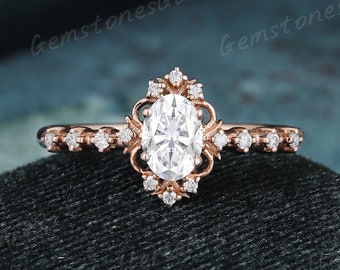 Vintage Moissanite Engagement Ring Unique Flower Ring Rose Gold Wedding Ring Moissanite Cluster Anniversary Rose Gold Antique Gift for her