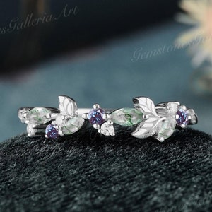Marquise Moss agate Wedding band White Gold Alexandrite Moissanite Wedding band Unique Leaf vine Promise ring flower moissanite wedding band