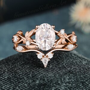 Vintage Moissanite ring set Moissanite Bridal Leaf Ring Oval cut engagement ring Rose Gold wedding band 2pcs Unique Marriage rings for women