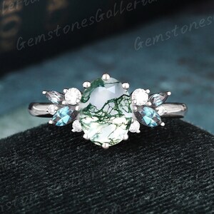 Moss Agate engagement ring Oval vintage White Gold Ring unique Cluster oval cut Alexandrite moissanite wedding ring bridal ring Anniversary
