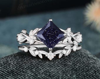 Princess cut Galaxy Blue Sandstone Engagement Ring Set 2pcs Leaf Nature Inspired Sandstone Starry Sky Wedding Rings Custom Ring Women Gift