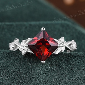 Vintage Ruby engagement ring Leaf white gold wedding ring Princess cut Ruby ring Art deco Twisted Twig bridal ring Antique Promise ring