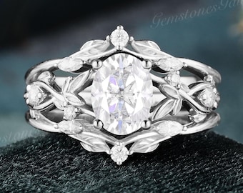 Ovale Moissanite verlovingsring set blad Moissaniet ring Vintage Enhancer trouwring unieke diamanten gedraaide ring Rose goud bruids set