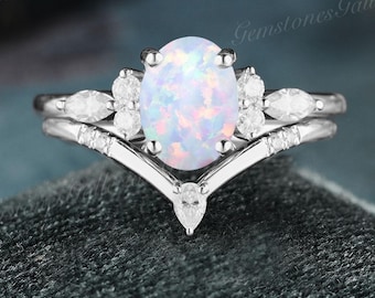 Dainty Opal engagement ring set white gold Moissanite ring vintage art deco bridal set unique curved wedding band women 2pcs Anniversary