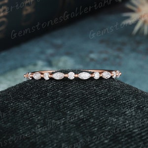 Unique Moissanite wedding band women Marquise Half eternity band Rose gold wedding band vintage Stacking Matching bridal ring promise ring