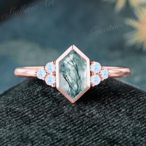 Unique Hexagon Moss Agate engagement ring Cluster Moonstone bridal ring Rose gold ring Bezel Set art deco Bridal Promise Anniversary gift