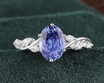 Oval Cornflower Blue Sapphire engagement ring 14K white gold ring Vintage engagement ring leaf vine diamond twisted ring Anniversary ring