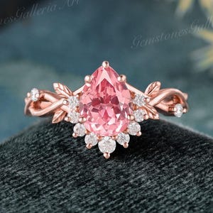 Nature Inspired Pink Sapphire Floral Engagement Ring Rose Gold Pear cut Padparadscha Leaf Twist Wedding Ring Half Halo Moissanite Ring Women