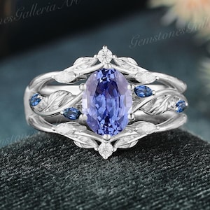White Gold oval Cornflower Sapphire engagement ring set Unique leaf blue sapphire engagement ring 2pcs Twisted double diamond bridal set