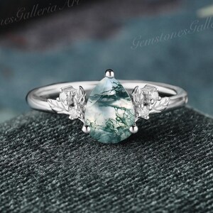 Pear Cut Natural Moss Agate Ring Moissanite Ring Promise Ring Leaf flower engagement ring White gold anniversary Ring Wedding Ring Gift