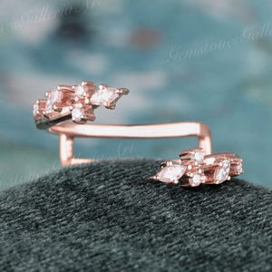 Leaf Moissanite Double Curved Wedding Band Rose Gold Art Deco Ring Enhancer Cage Stacking Promise Wedding Ring for Women Vintage Jewelry