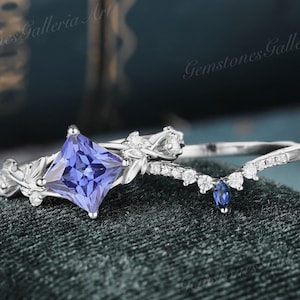 Cornflower Blue Sapphire Engagement Ring Set Women Leaf White Gold Ring Unique Sapphire Wedding Ring 2pcs Vintage Anniversary Gift for Her