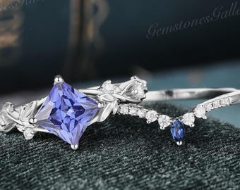 Cornflower Blue Sapphire Engagement Ring Set Women Leaf White Gold Ring Unique Sapphire Wedding Ring 2pcs Vintage Anniversary Gift for Her