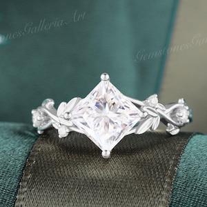Princess Cut Moissanite Engagement Ring Unique leaf diamond set white gold ring Flower Vine Dainty twist Infinity Ring Nature Inspired Gift