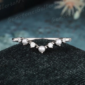 Pearl Wedding Band Women Moissanite Curved Wedding Band Unique Matching Band Handmade Anniversary Rings Promise Rings for Women Gift