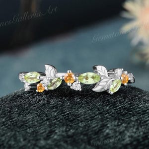 Peridot Wedding Band Art Deco Citrine Stacking Band Marquise cut August Birthstone Wedding Ring Leaf Cluster White Gold Ring Birthstone Ring
