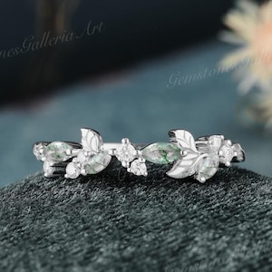 Moss agate wedding band Art deco Marquise Green stone shaped White gold band Leaf design Daily wedding band Unique Anniversary band gift
