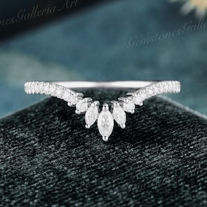 Vintage Moissanite Curved Wedding Band Marquise Diamond Stacking Matching Ring White Gold Half eternity Wedding Band Promise Rings for Women