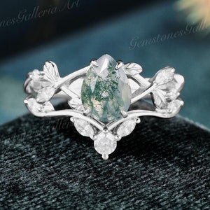 Pear Moss Agate Engagement Ring Set 2pcs Green Gemstone Rings Unique 14K White Gold Ring Bridal Set Twisted Leaf Ring Natural inspired ring