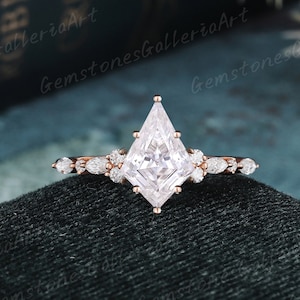 Anel de noivado vintage de moissanita com corte de pipa, ouro rosa, anel empilhável, anel de diamante com corte de pipa exclusivo, anel de noiva feminino, solitário, losango
