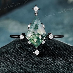 Black Gold Moss Agate Engagement Ring Gothic Kite Moss agate Promise Ring Vintage Ring Unique Moissanite Ring Anniversary Gifts for her