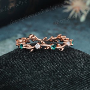 Full Eternity Leaf Vine Ring Lab Emerald Wedding Ban Women Vintage Art Deco Wedding Band Birthday Gifts for Women Delicate Anniversary Ring