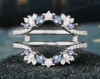 Art Deco Marquise Alexandrite Ring Enhancer White Gold Opal Double Gebogen Moissanite Wedding Band Cage Promise Ring Vrouwen Handgemaakte Sieraden