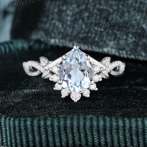 Pear Natural Aquamarine Engagement ring 14K White Gold Promise Ring Art deco Twisted Leaf Ring Unique March Birthstone ring Anniversary gift