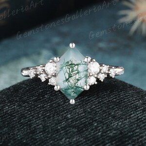 Hexagon Moss Agate engagement ring Art Deco 14K white gold Ring unique moissanite Crystal Ring wedding Promise ring For Women Anniversary