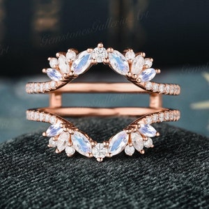 Unique Moonstone Enhancer Wedding Band Rose Gold Ring Cluster Moissanite Curved Wedding Ring Marquise Double Handmade Personalized Ring