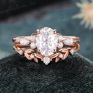 Rose Gold Moissanite engagement ring set 2pcs oval shaped Moissanite ring set bridal set Unique moissanite leaf branch wedding ring set