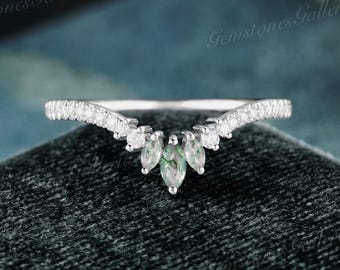 Marquise Schnitt Moosachat Ehering Diamant Stapeln Passender Ring Weißgold Natur inspiriert gebogenes Ehering Halbe Eternity Ring Frauen