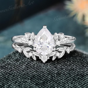 White gold Moissanite ring set 2pcs Twig Vine Engagement Ring Set Vintage Nature Inspired Pear Cut Moissanite Cluster Promise Ring Women