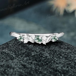 Antique Moss agate Curved Wedding Band Art deco leaf design white gold wedding ring Cluster stacking matching bridal ring Unique Anniversary