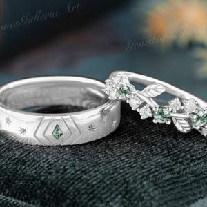 2pcs Leaf Couple Rings Set for Men and Women kite Moss Agate Wedding Rings set Nature inspired Mens wedding band Cluster Moissanite Band