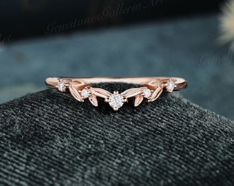 Curved Wedding Band Unique Branch Rose gold Moissanite Wedding Band Women Vintage Round cut ring Art deco Bridal Leaf Stacking ring Promise