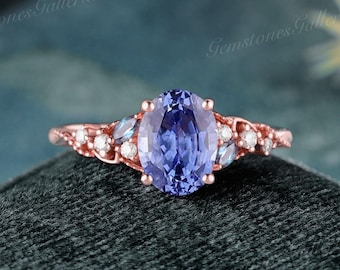 Vintage Oval Cornflower Sapphire Engagement Ring Cluster Alexandrite Wedding Ring Women Solid Gold Ring Milgrain Diamond Ring Anniversary